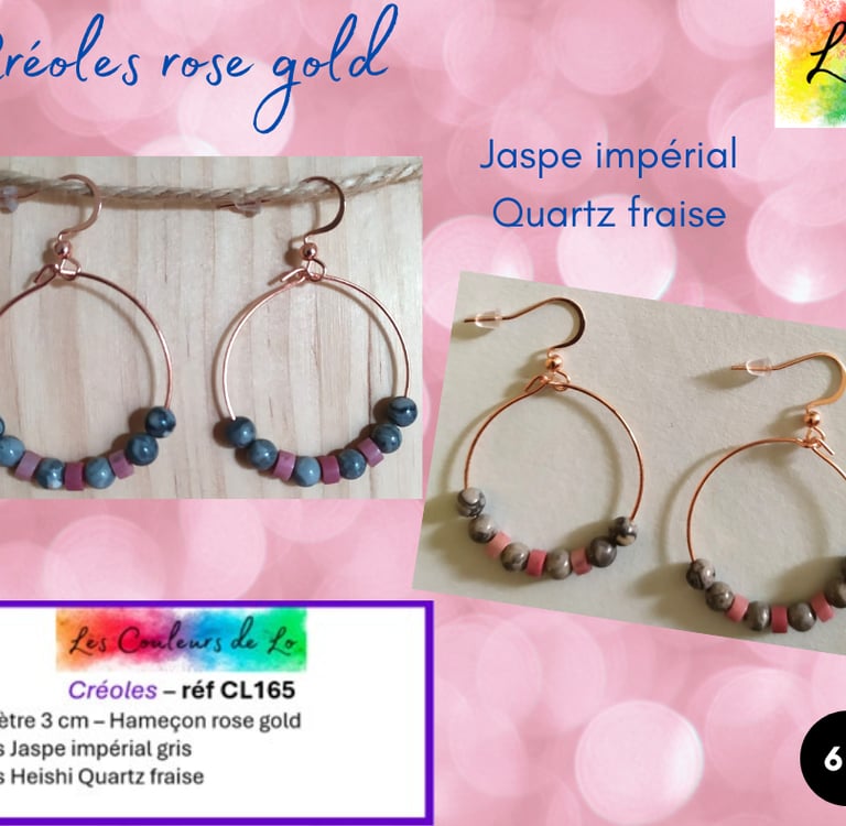 Créoles rose gold 3 cm Jaspe impérial gris Quartz fraise Les Couleurs de Lo