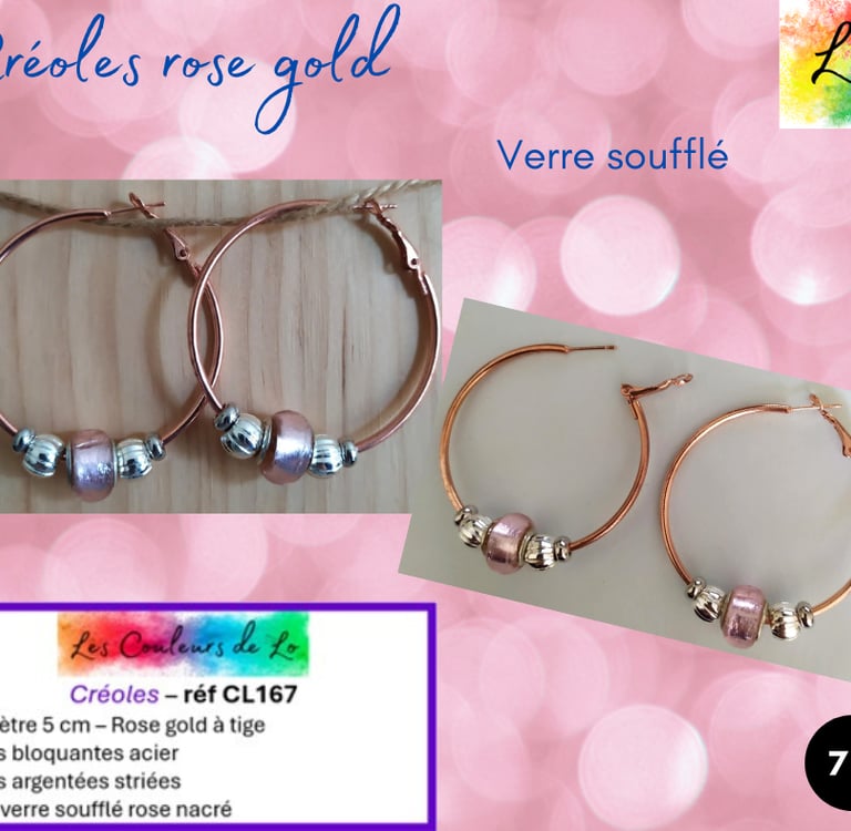 Créoles rose gold 5 cm acier strié verre soufflé rose nacré Les Couleurs de Lo