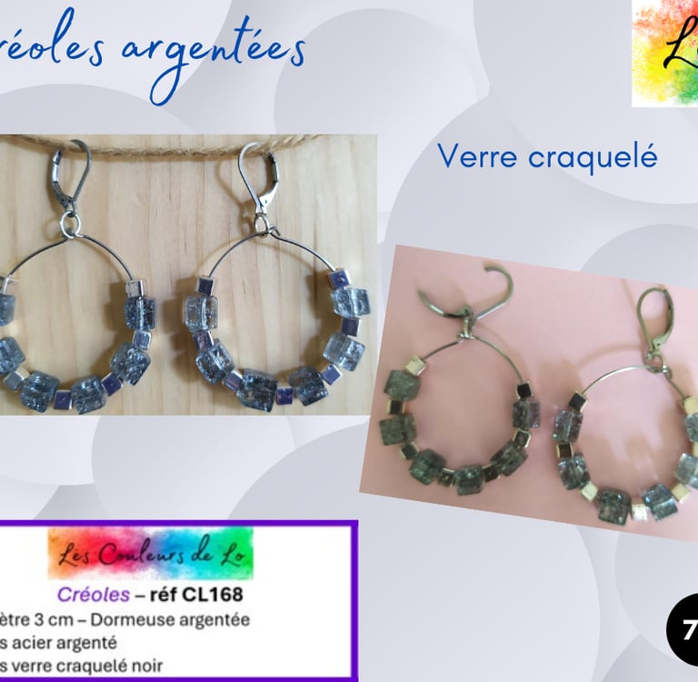Créoles argentées 3 cm cubes acier cubes verre craquelé noir Les Couleurs de Lo