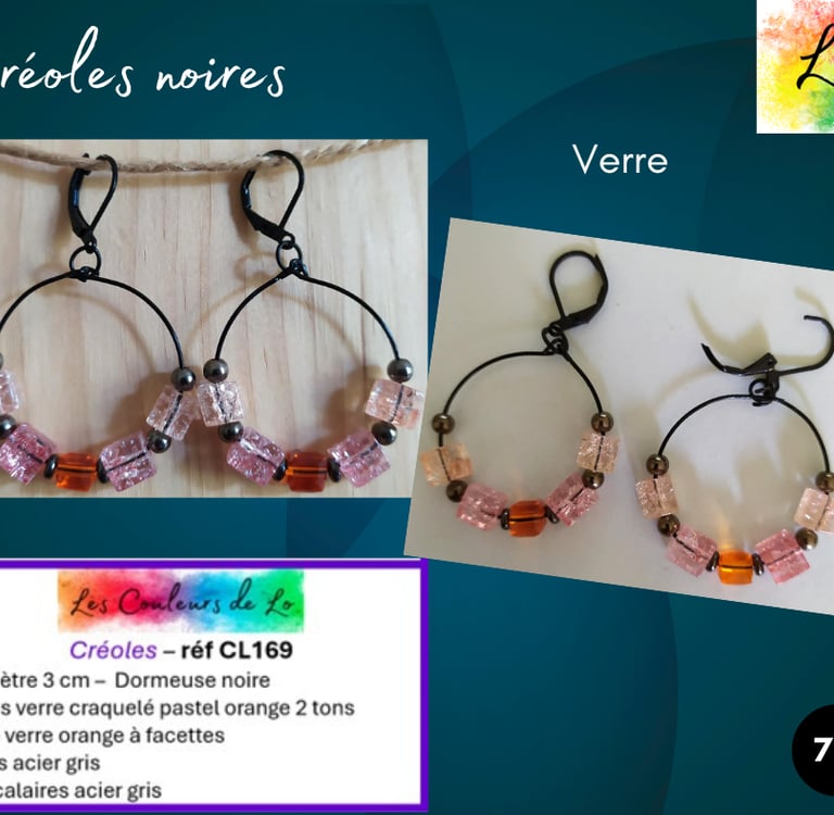 Créoles noires 3 cm verre orange acier gris Les Couleurs de Lo