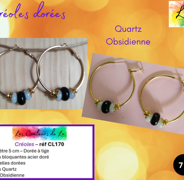  Créoles dorées 5 cm Quartz Obsidienne Les Couleurs de Lo
