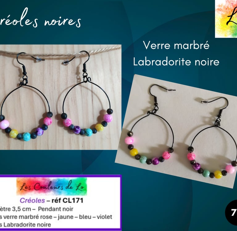 Créoles noires 3,5 cm verre marbré Labradorite noire Les Couleurs de Lo