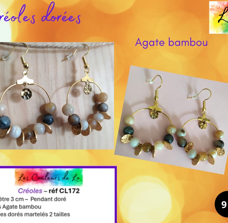 Créoles dorées 3 cm Agate bambou disques martelés Les Couleurs de Lo