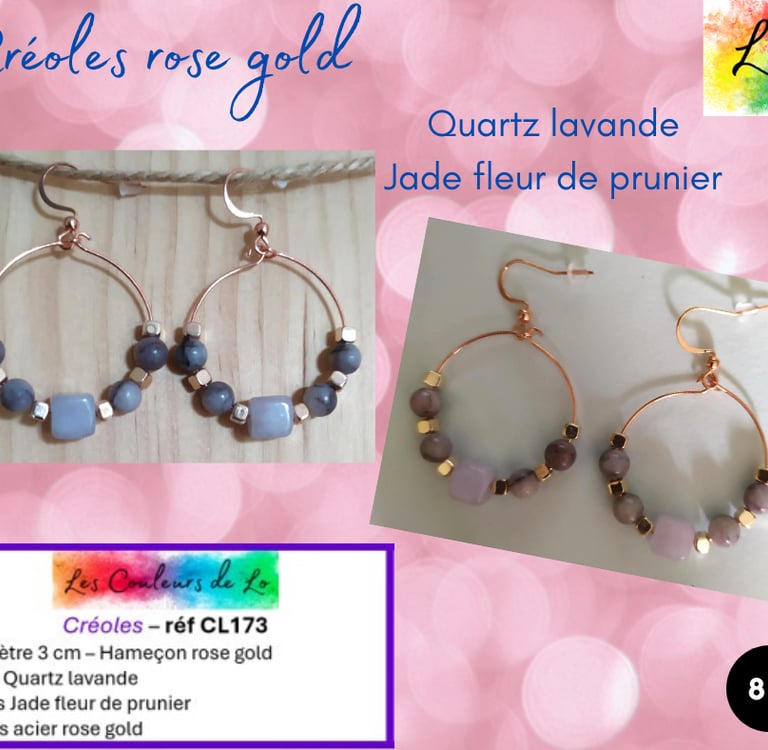 Créoles rose gold 3 cm Quartz lavande Jade fleur de prunier Les Couleurs de Lo
