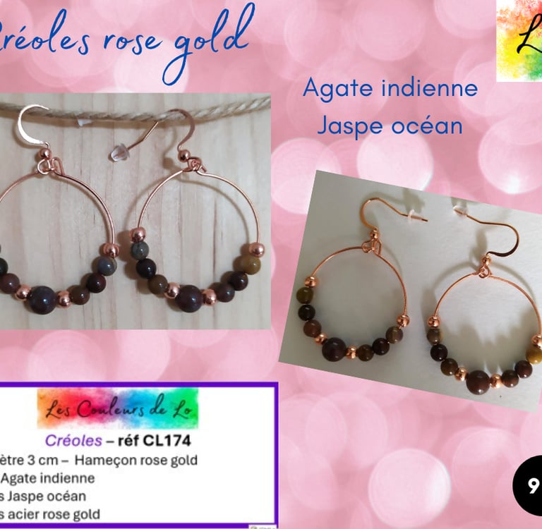 Créoles rose gold 3 cm Agate indienne Jaspe océan Les Couleurs de Lo