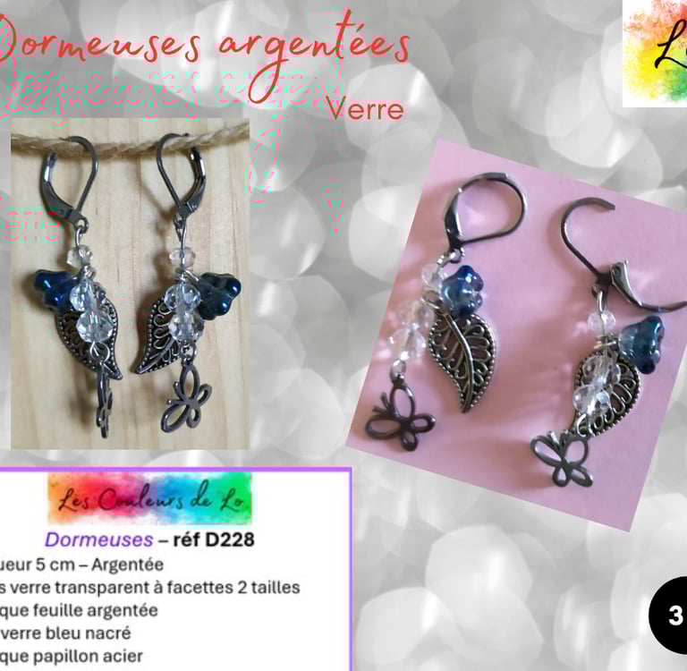 Boucles dormeuses argentées fleur verre papillon Les Couleurs de Lo