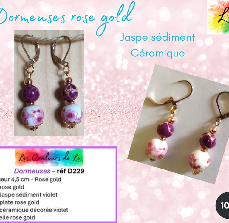 Boucles dormeuses rose gold Jaspe sédiment céramique décorée Les Couleurs de Lo
