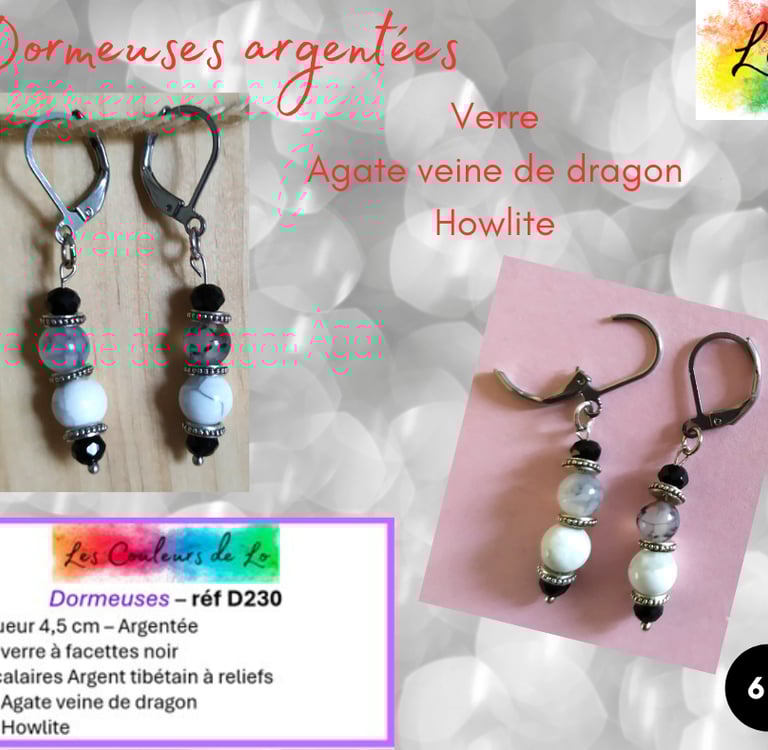 Boucles dormeuses argentées verre Agate Howlite Les Couleurs de Lo