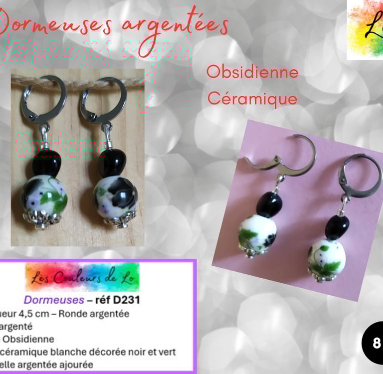 Boucles dormeuses argentées Obsidienne céramique décorée Les Couleurs de Lo