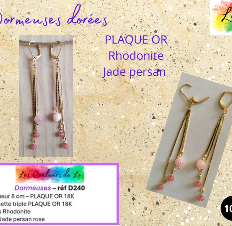 Boucles dormeuses Plaqué or chaînette triple Rhodonite Jade persan rose Les Couleurs de Lo