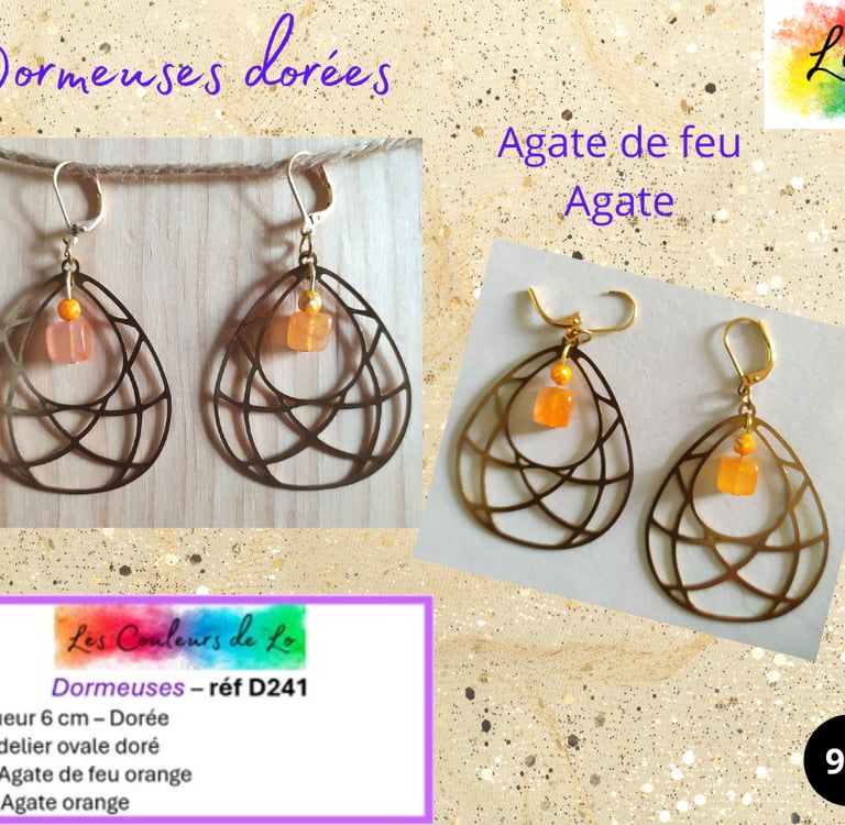 Boucles dormeuses dorées chandelier ovale Agate de feu Agate orange Les Couleurs de Lo