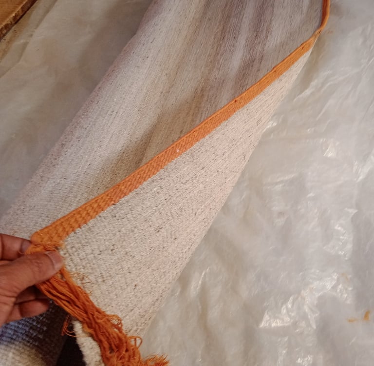 Flat-weave hand-interlaced sample rug, hand-interlacing technique, pile carpet with Highland wool