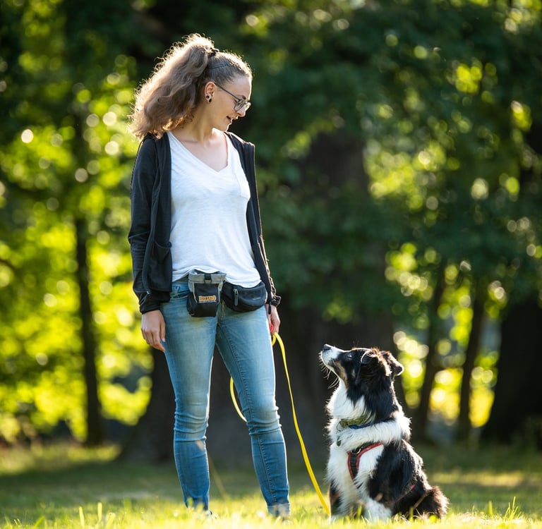 Toni und Hund auf Wiese im Blickkontakt – achtsames Miteinander im Grünen