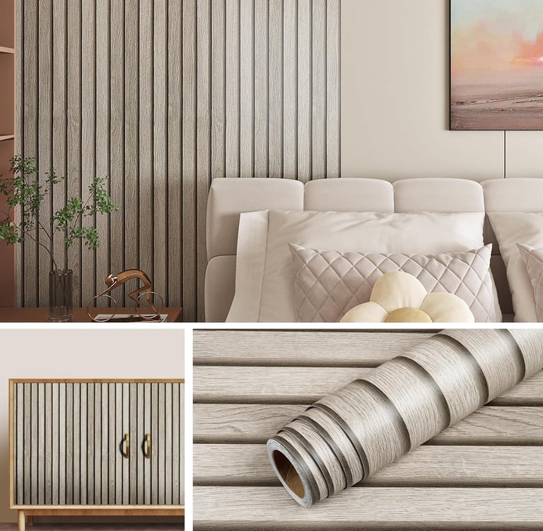 Pokój w którym ukazano różne sposoby wykorzystania tapet, standardowo do wykończenia ścian i frontu mebla wolno stojącego 