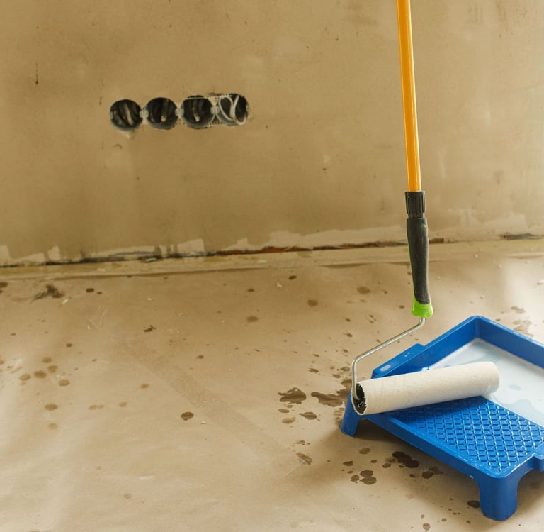 Wałek oparty ścianę. Część robocza leży na kuwecie wypełnionej gruntem