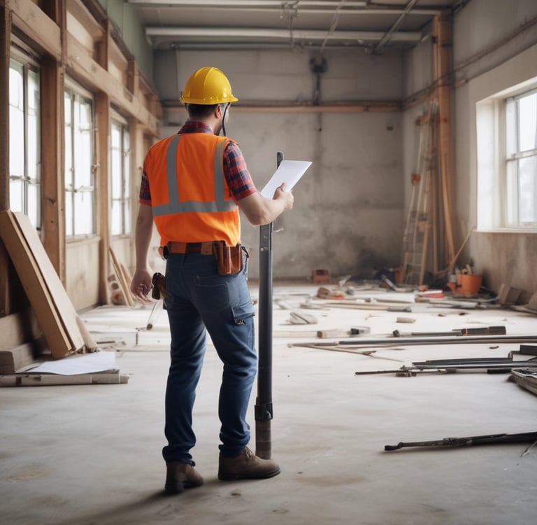 Pracownik ogląda pomieszczenie w celu zrobienia wyceny. W reku trzyma projekt.