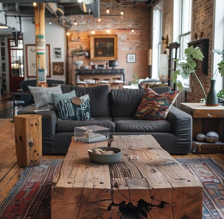 Połączenie stylu rustykalnego i industrialnego w ławie. Surowe drewno z widocznymi ubytkami