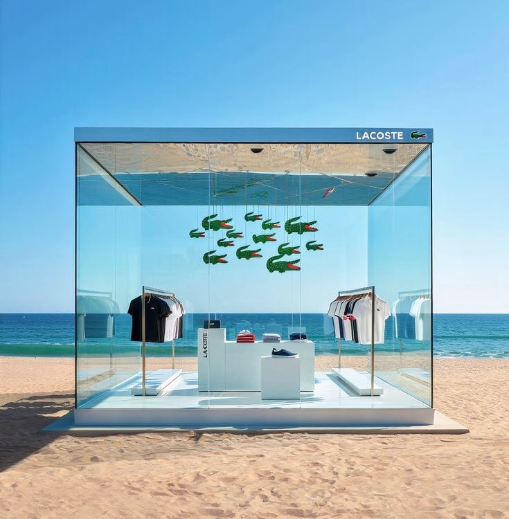 A glass Lacoste pop-up shop on a sandy beach featuring polo shirts and hanging crocodile logos.