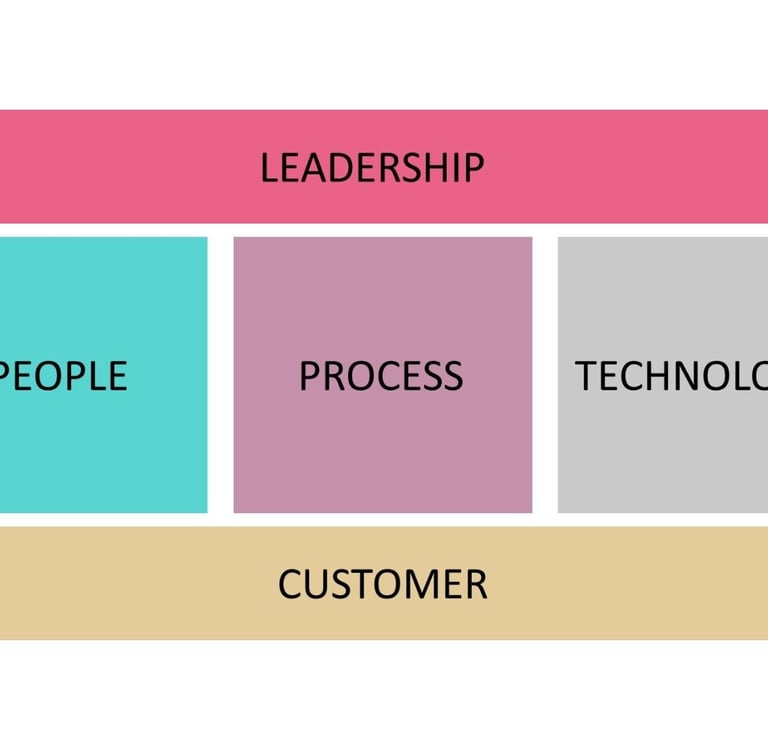 image showing 5 blocks including leadership, people, process, technology and customer