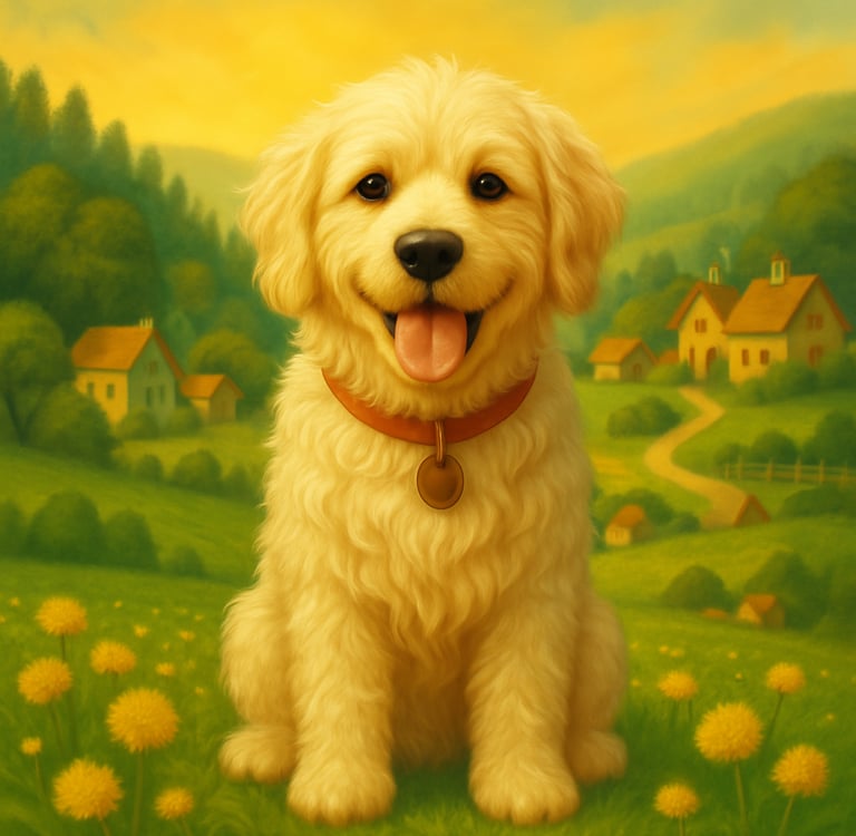 a golden doodle dog sitting on a hill