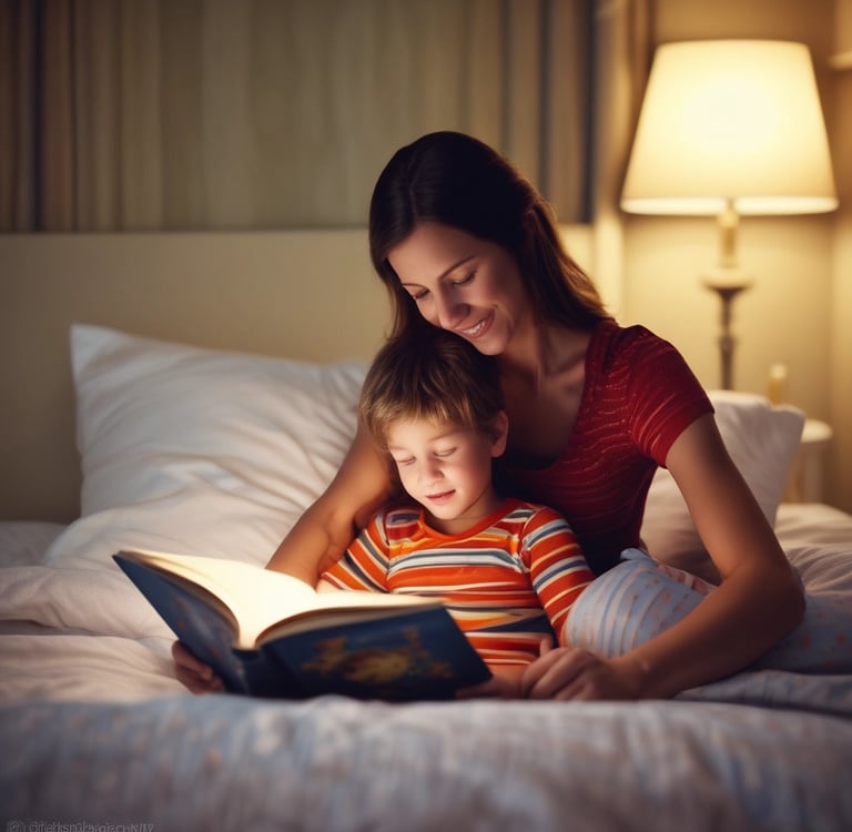a woman reading a book while her son is reading a book
