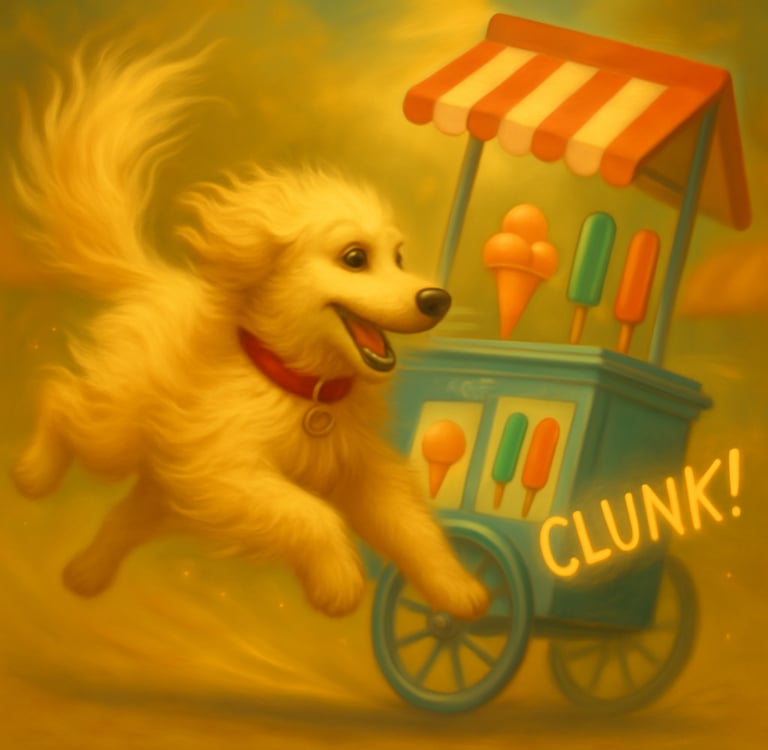 a dog is running around a carton with a carton