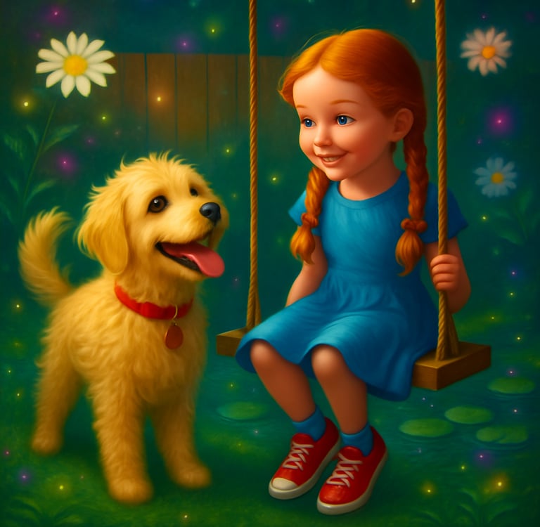 a girl sitting on a swing set with a dog