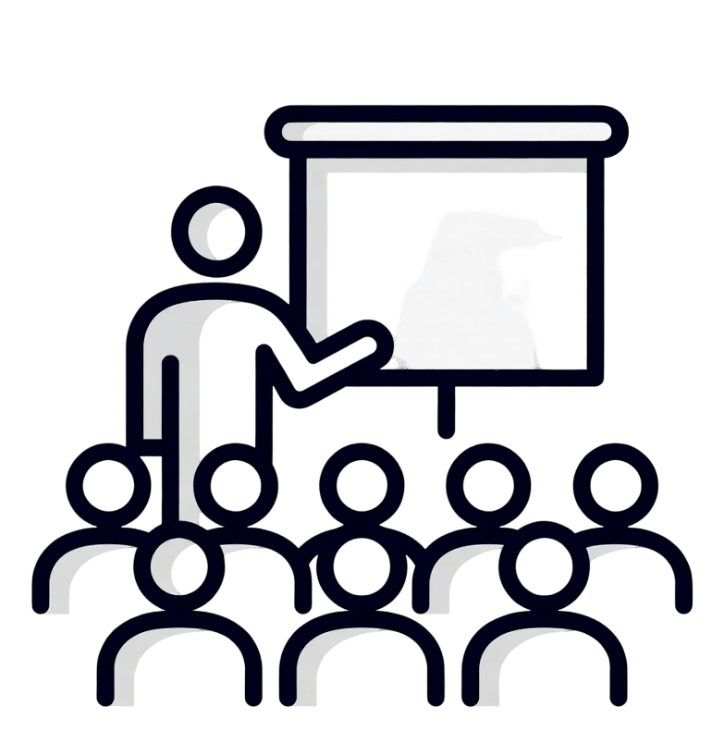A minimalist white icon of a teacher giving a presentation to a seated classroom audience on a black background.