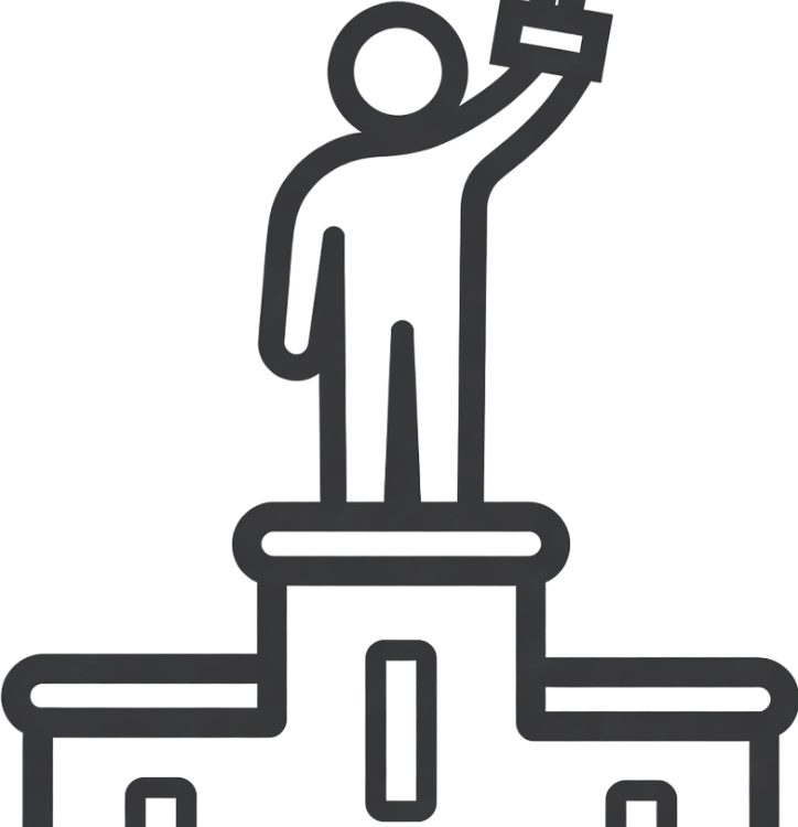 A black and white line icon of a person standing on a winner's podium holding a trophy cup for success.