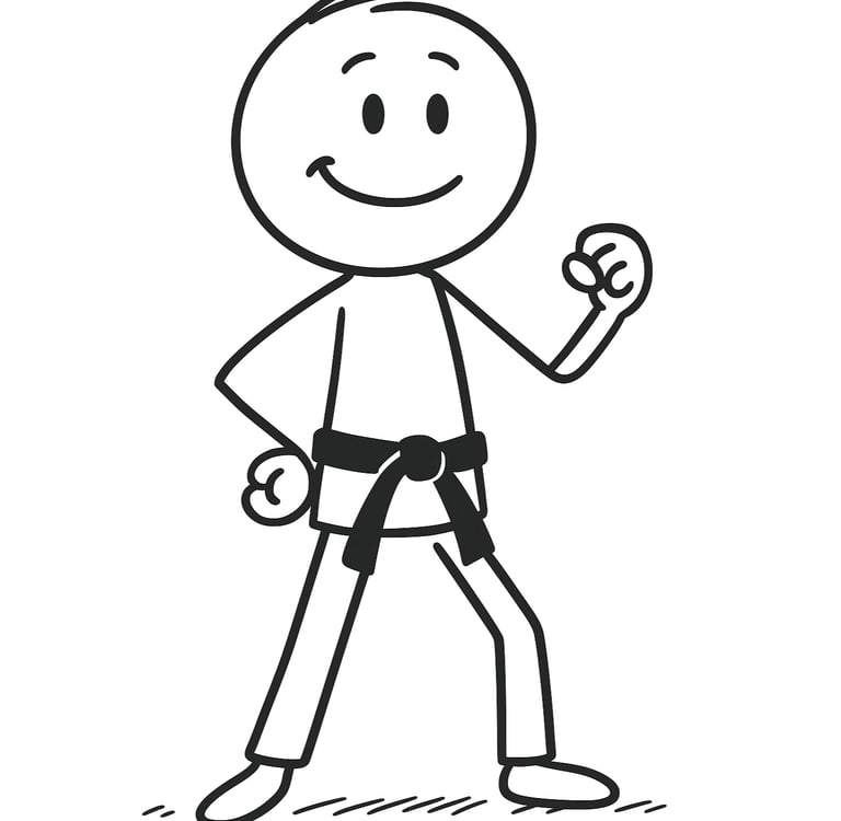A smiling stick figure illustration of a karate black belt in a martial arts stance.