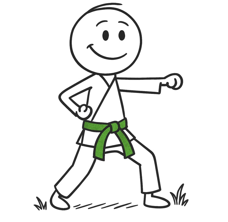 A stick figure cartoon of a smiling person wearing a karate gi and green belt practicing a punch.