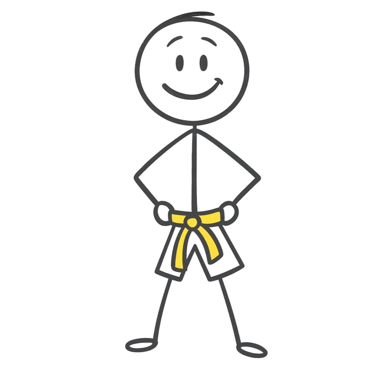 A smiling stick figure martial artist wearing a karate uniform and a yellow belt.
