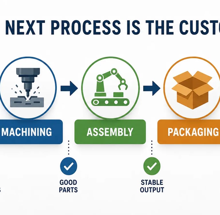 Lean manufacturing principle showing process flow from planning to customer with focus on quality and delivery.