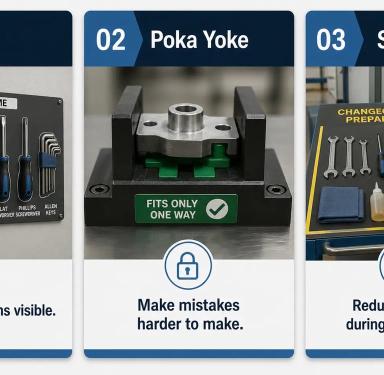 Lean tools including 5S, Poka Yoke and SMED to improve workplace organisation and reduce downtime.