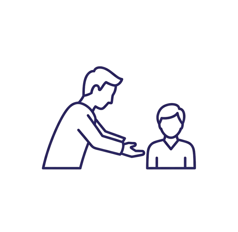 Line art icon of a doctor or mentor offering guidance to a young student or patient.