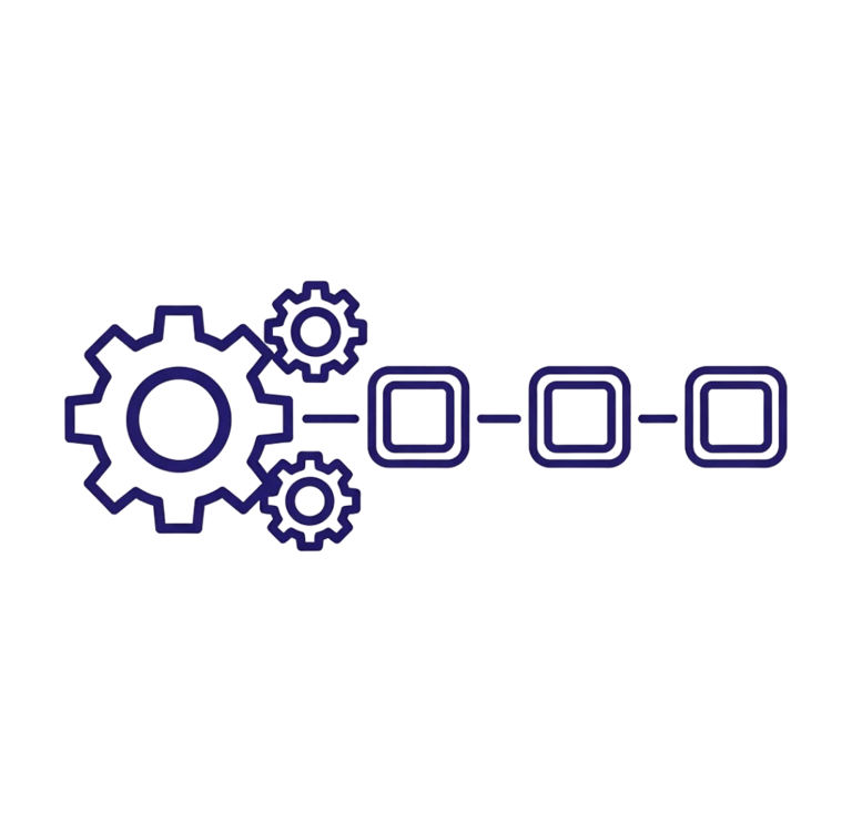 A purple line art icon depicting interlocking gears connected to a sequential workflow process.