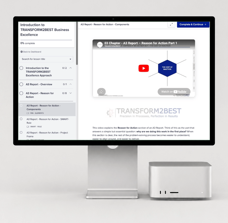A desktop computer displaying an online business excellence training course on A3 reports.