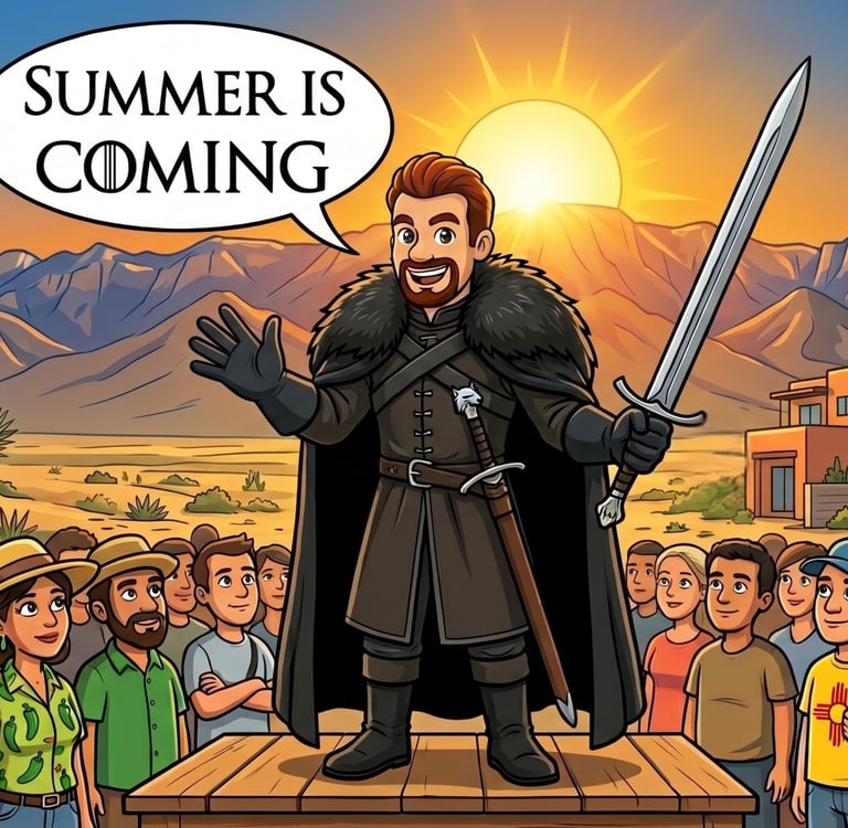 Cartoon man in Jon Snow costume saying Summer is Coming to a crowd in New Mexico.