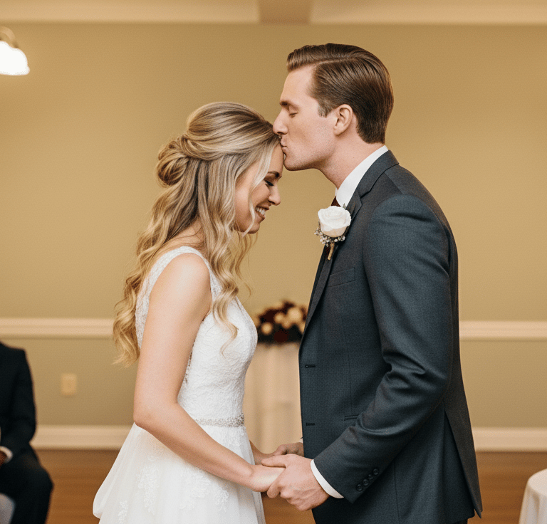 A newlywed couple smiling and holding hands.