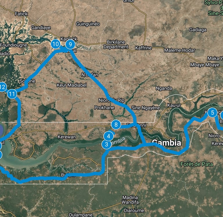 Route map 18-Day Bird Photography Tour: The Gambia & Senegal – Saloum Delta