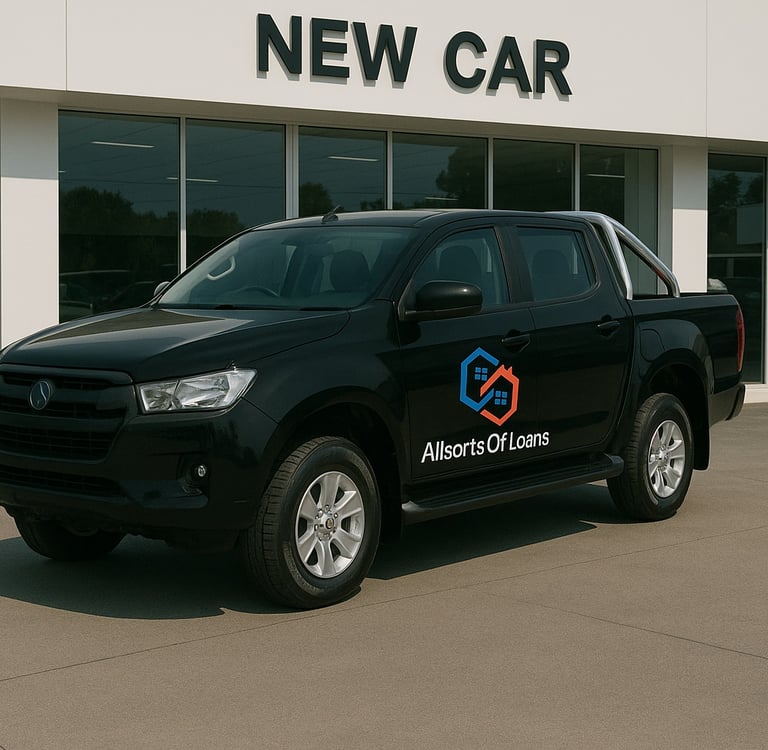a black truck parked in front of a new car