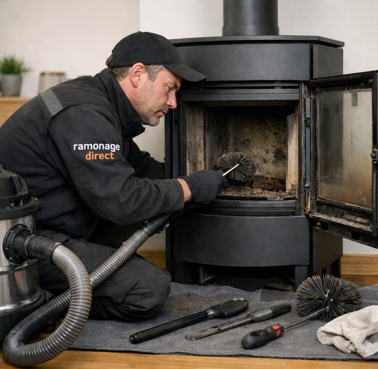 Ramoneur à Nantes réalisant le ramonage d’une cheminée à bois dans une maison individuelle