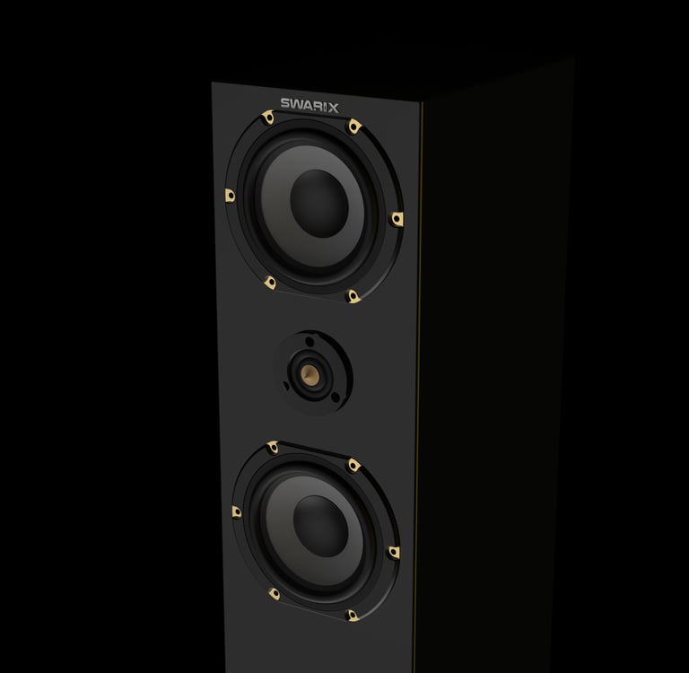Tower speaker with gold accent driver