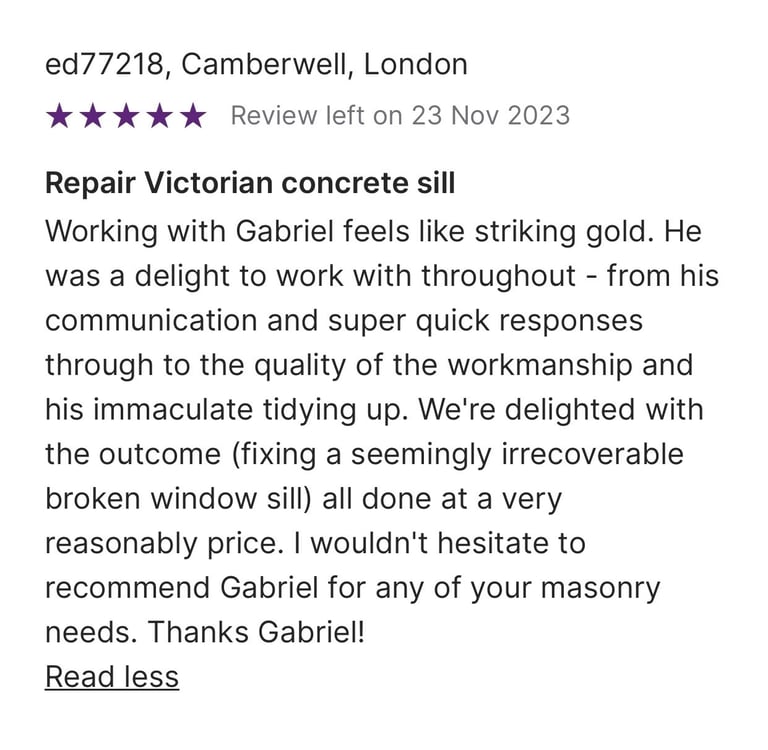 Five-star customer review for Victorian concrete window sill repair and masonry services in Camberwell, London.