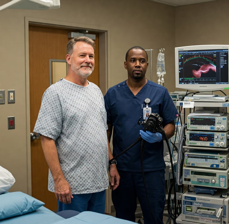 Homem realizado endoscopia para diagnóstico de câncer de estômago