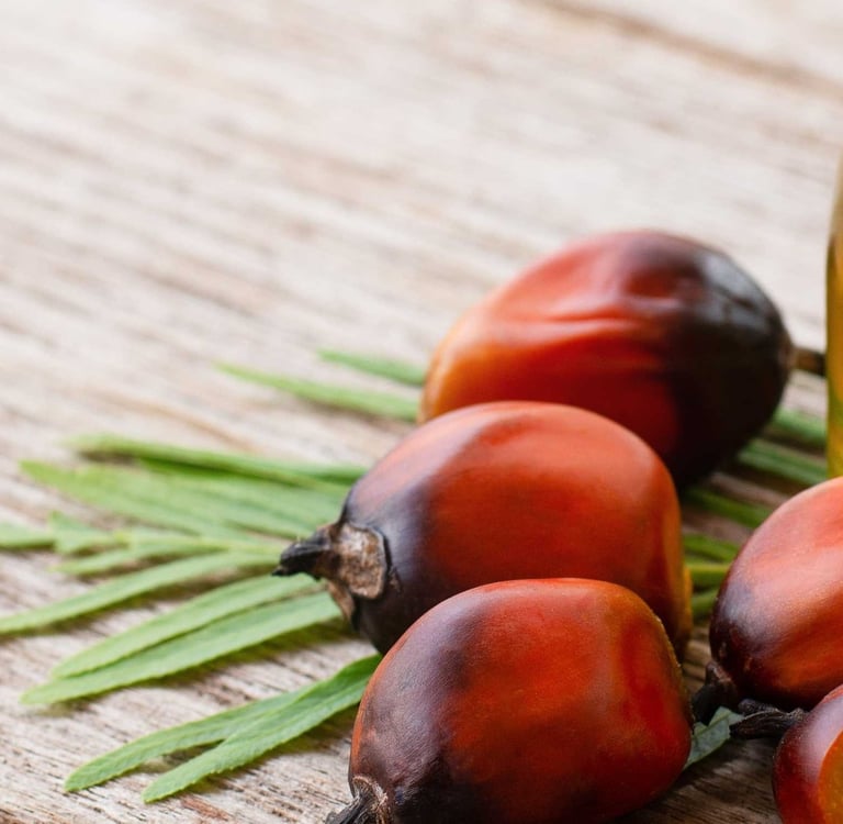 Fotografia de un conjunto frutos de palma secos y una jarra de aceite