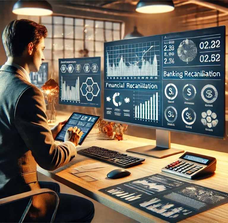 Homem olhando par gráficos de conciliação bancária na tela