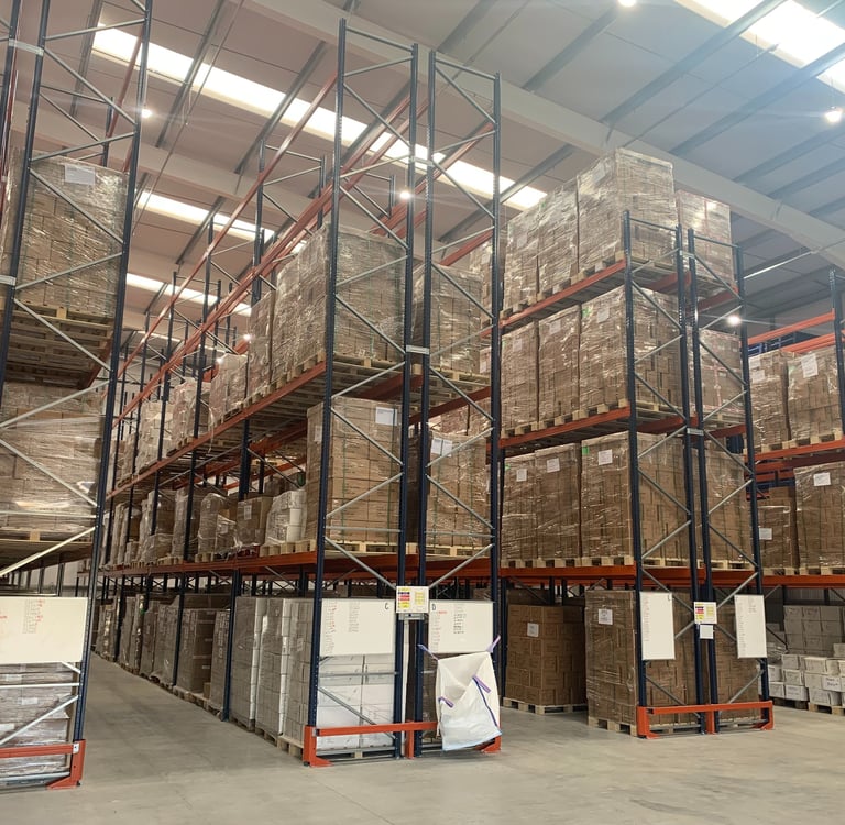tall pallet racking in narrow aisle configuration with rack end protectors  