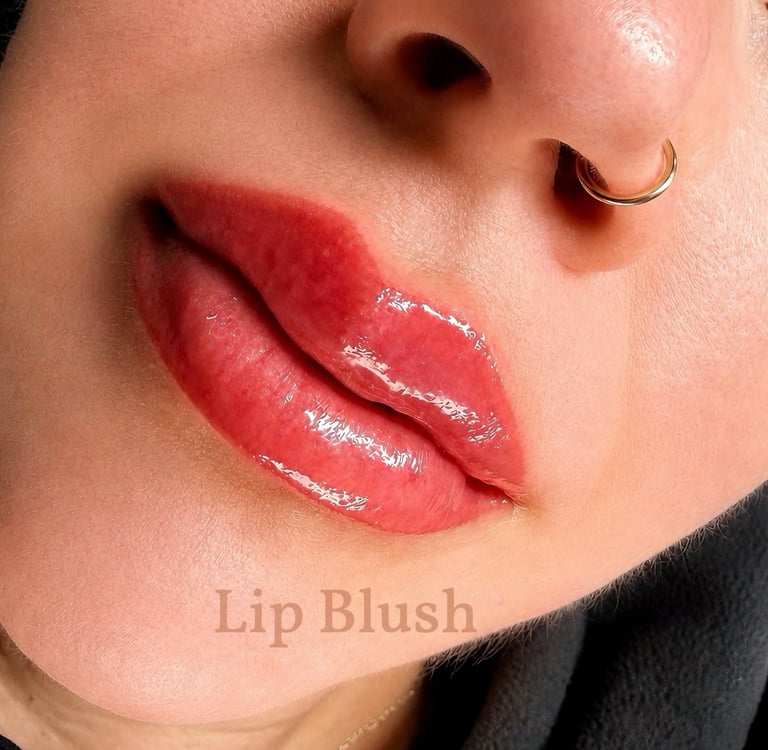 Close-up of freshly applied pink lip blush tattoo with a glossy finish on a woman with a nose ring.