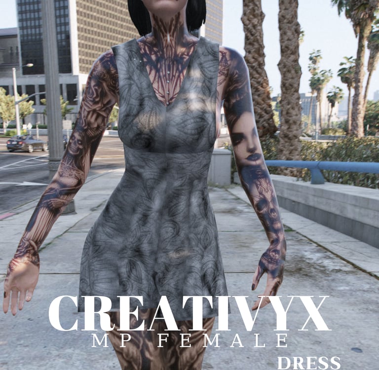 a woman in a dress with tattoos on her arm